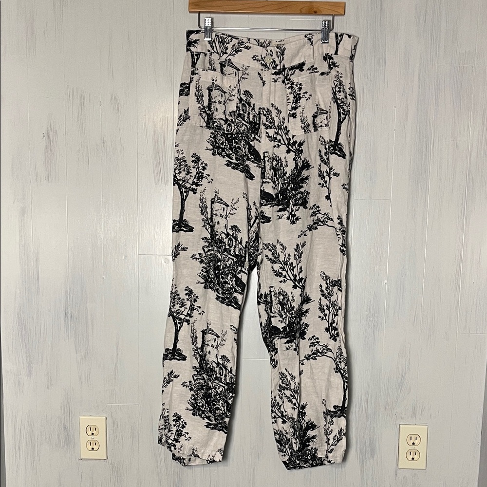 Joie Wide Leg Linen Pants Black Tree Print Size 12